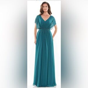 Elegant Teal V-Neck Maxi Dress with Beaded Waist